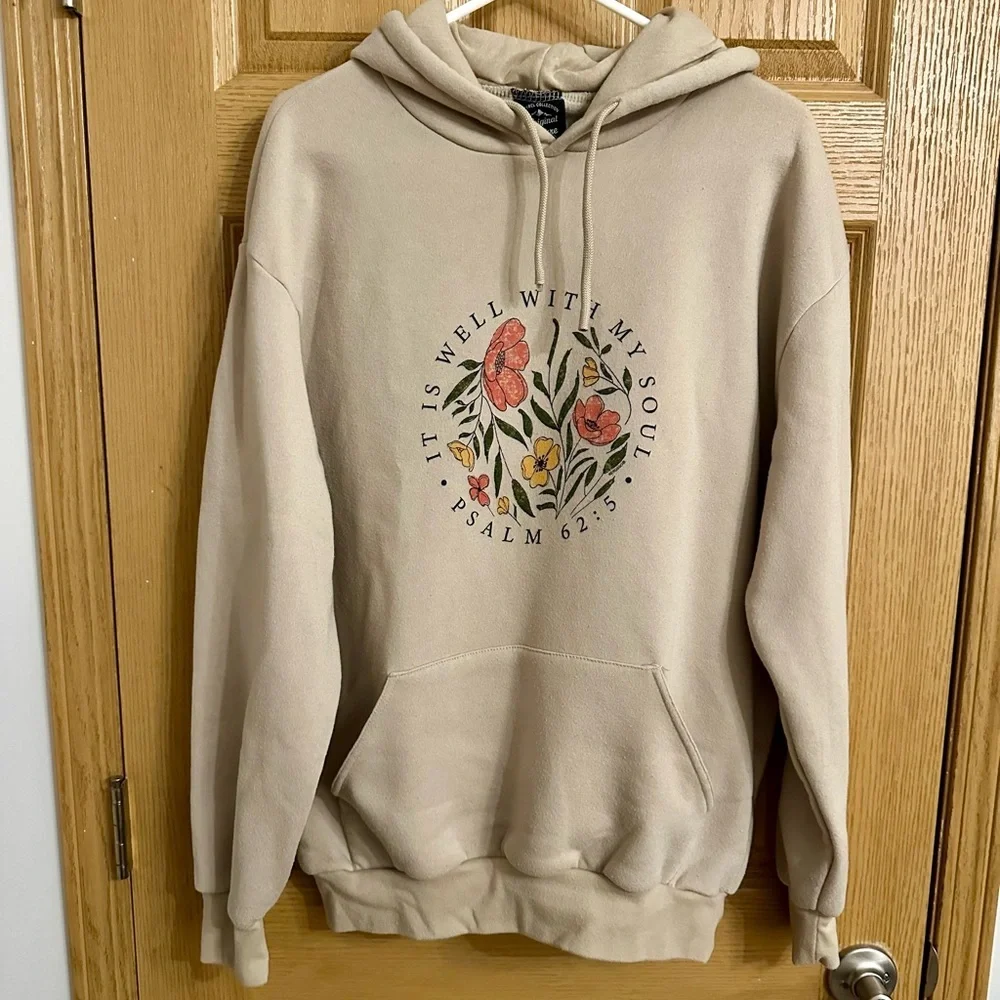 Beige Floral Bible Verse Hoodie | Psalm 62:5 | XL - Picture 1 of 6